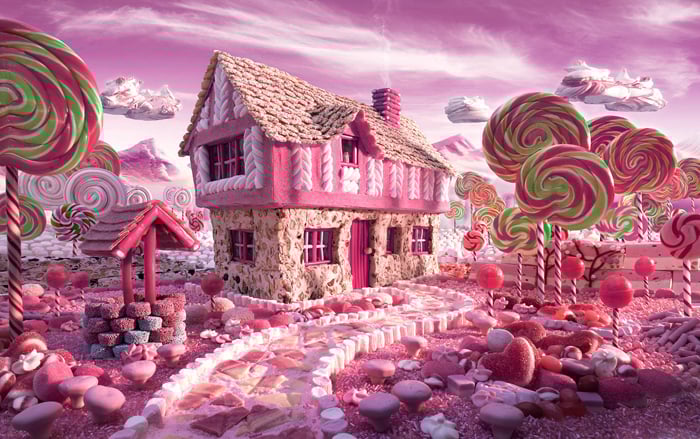 A house made of candy with lollipop trees