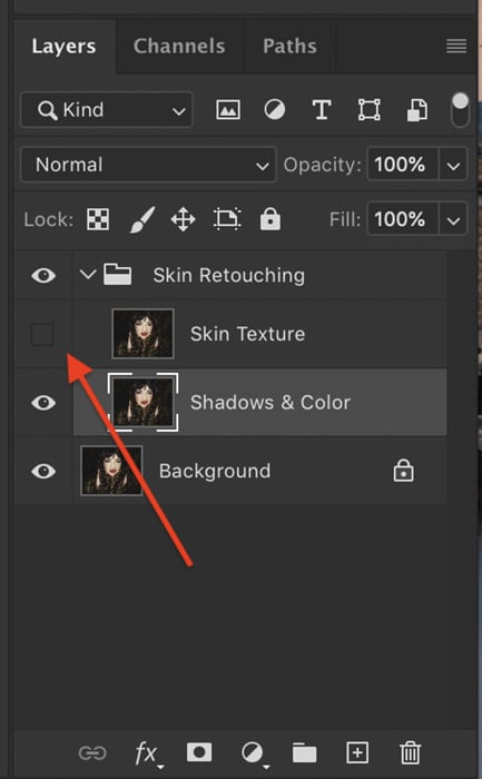 A screenshot of selecting the low-frequency layer in Photoshop layers panel