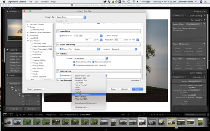 Screenshot of Lightroom's export window. 