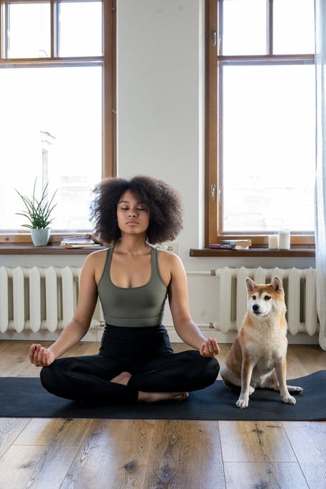 A girl doing yoga beside her cute dog as an example of family photos with pets