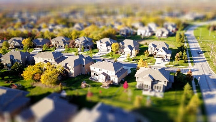 Aerial tilt shift photo of a housing estate