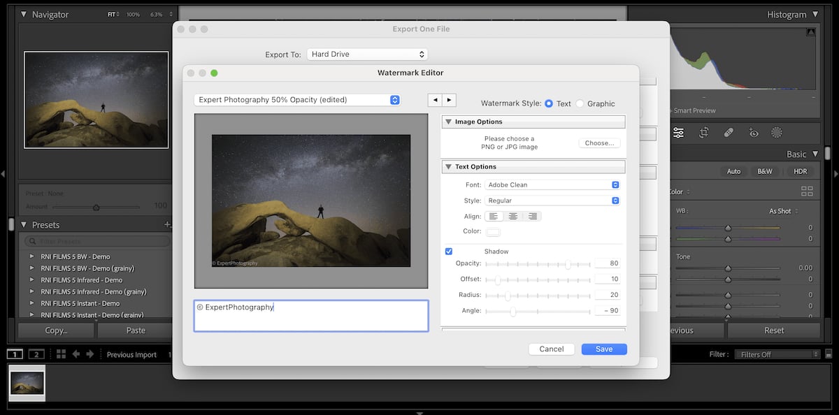 Screenshot of Adobe Lightroom interface showing how to make a watermark with text