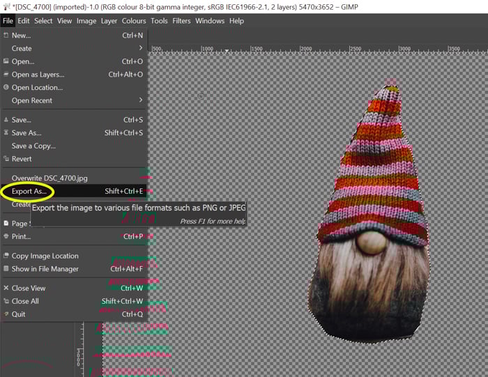 screenshot showing how to export photo in gimp