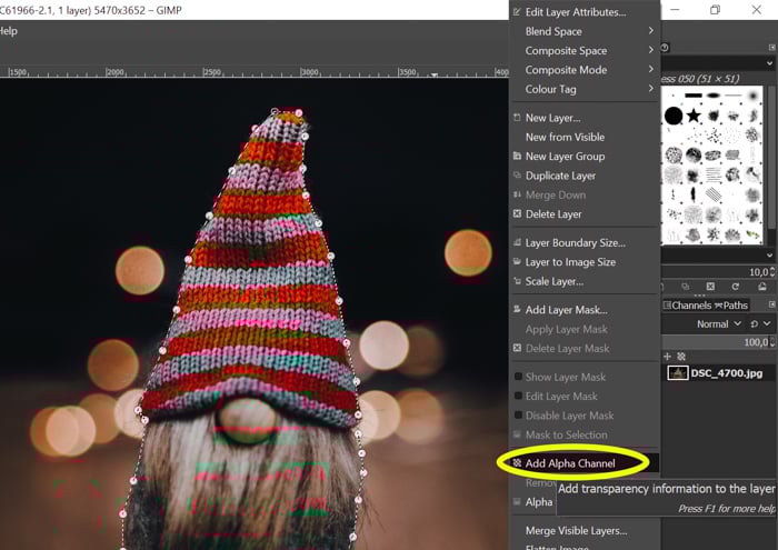 screenshot showing how to create alpha channel in GIMP