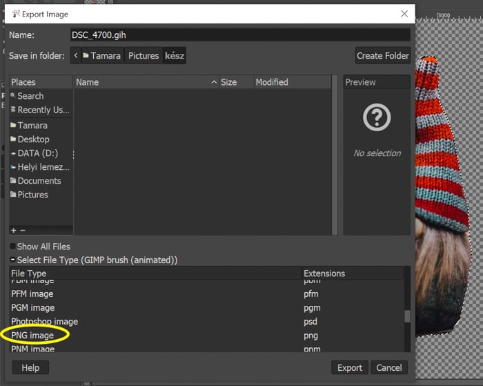 screenshot showing how to export photo to png in gimp