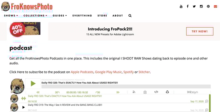 Screenshot of 'fro knows photo' photography podcast playing in an app