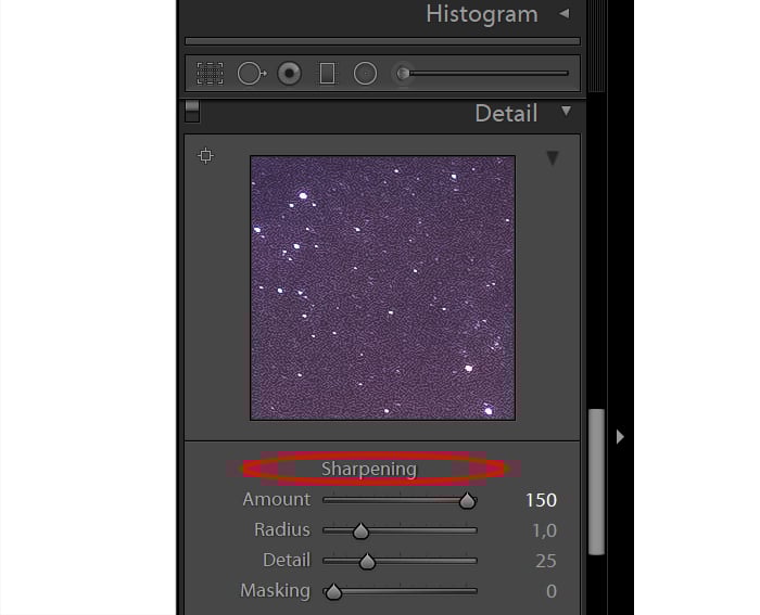 a screenshot showing lightroom sharpening slider