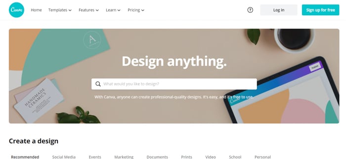 Screenshot of the Canva homepage