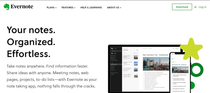 screenshot of Evernote website to design a mood board