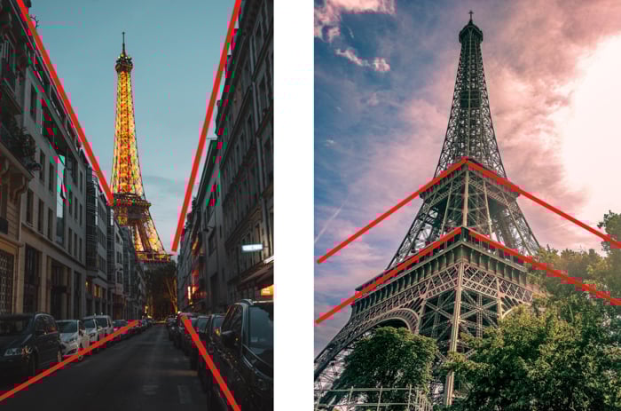 comparison between one- and two-point perspective, using pictures of the eiffel tower