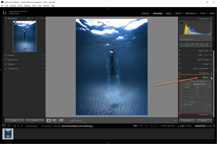 A screenshot of editing an image with effects panel in Lightroom