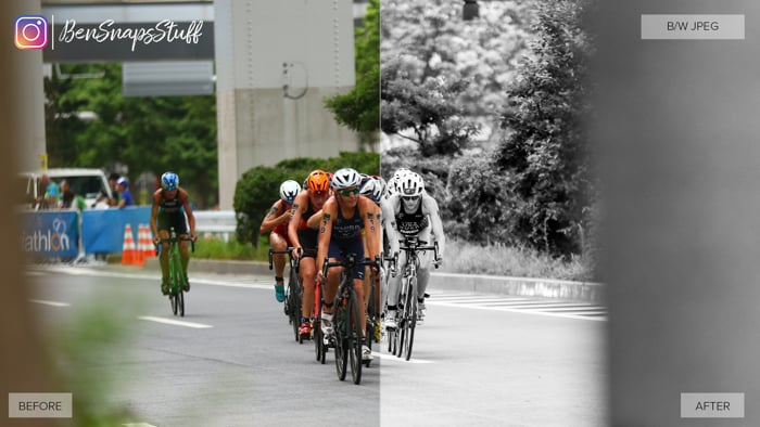 Image of people cycling. The left side of the photo is colored, and the right is black and white. 