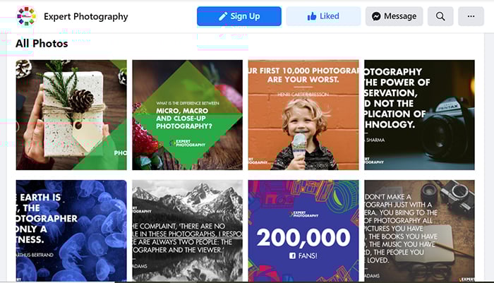 A webpage with a colorful and dynamic design, featuring a collection of photography-related posts.