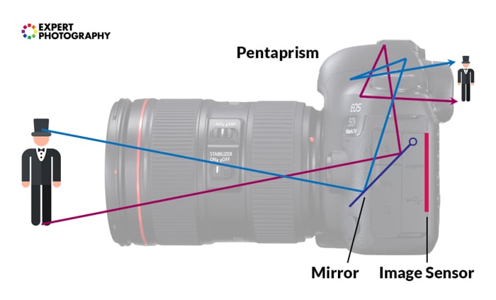 an infographic explaining how an image is flipped by the pentaprism
