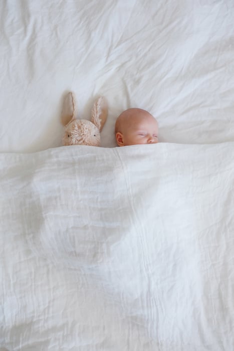 A baby in a crib with white sheets, surrounded by blankets, with a stuffed bunny on top.