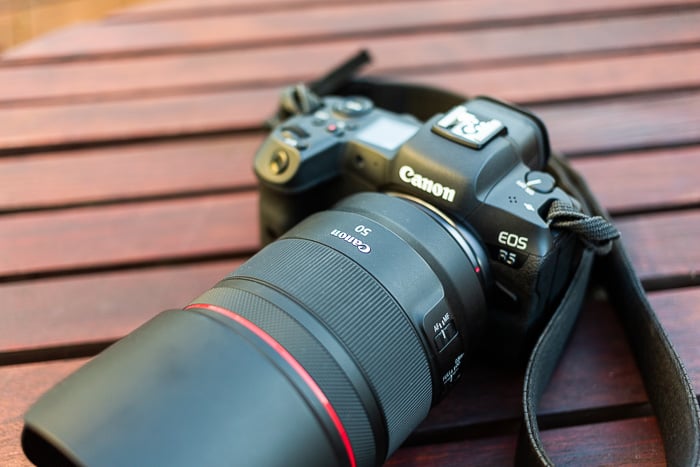 Image of the Canon RF 50mm f/1.2L USM mirrorless lens on the Canon EOS R5