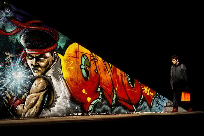 A high contrast street photography image shot with the Fuji X100V