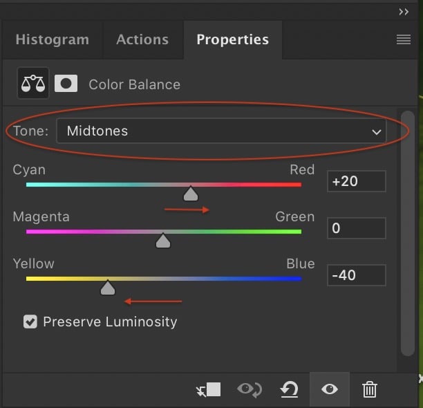 photoshop screenshot of the Color Balance menu