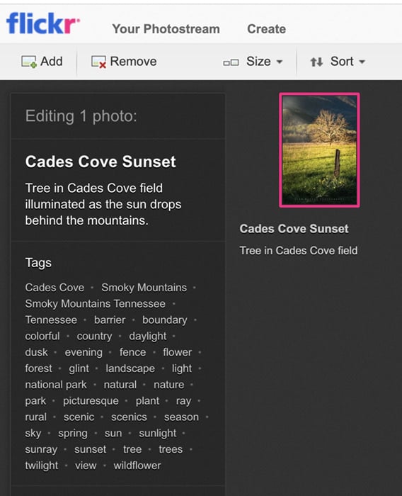 Flickr upload with title, description, and keywords gathered from the photo's metadata.