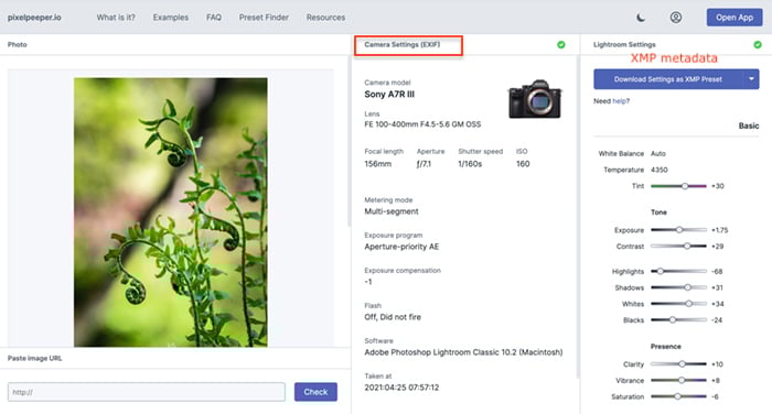 screenshot Pixel Peeper metadata