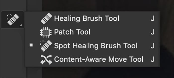 Photoshop screenshot of the healing brush tools menu