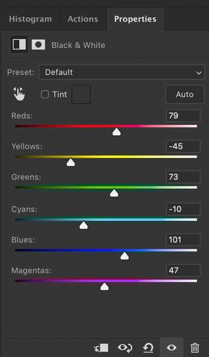 Screenshot of Black & White properties panel used to adjust color shading in Photoshop selective color process