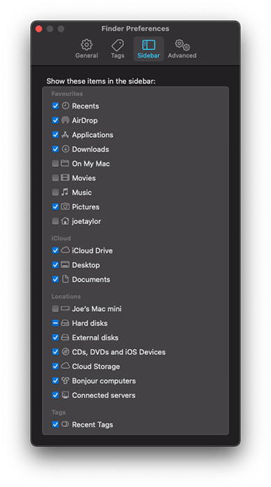 a screeshot of the Mac Finder Preferences Sidebar tick window