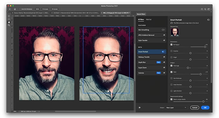 Photograph of me straight faced next to the same image made to smile using Photoshops AI Neural Filters