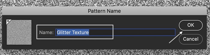 glitter texture in photoshop: Photoshop screenshot of naming glitter pattrern