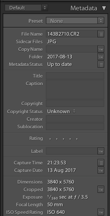 Lightroom catalog shows all relevant image metadata