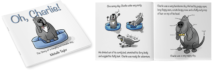 Cover and layout of childrens book Oh, Charlie!