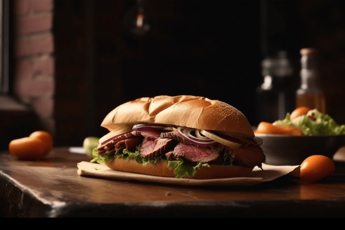 An AI-generated image of a New York sandwich with beef and lettuce on the tabletop of a hip restaurant