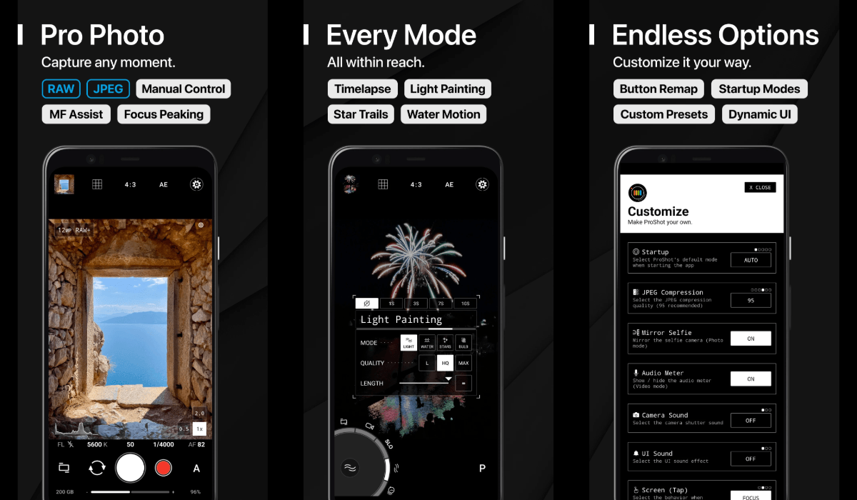 Screenshots from ProShot as one of the best camera apps for Android