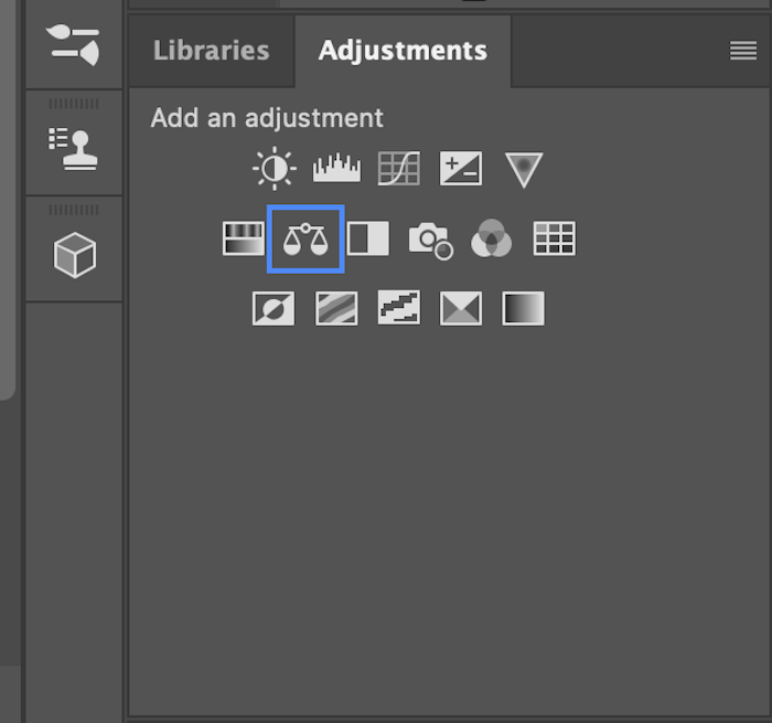 Highlighted color balance icon in adjustments panel in Photoshop for composite photography