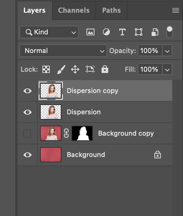 dispersion effect step 3: the layers tab shows a second copy of the dispersion layer