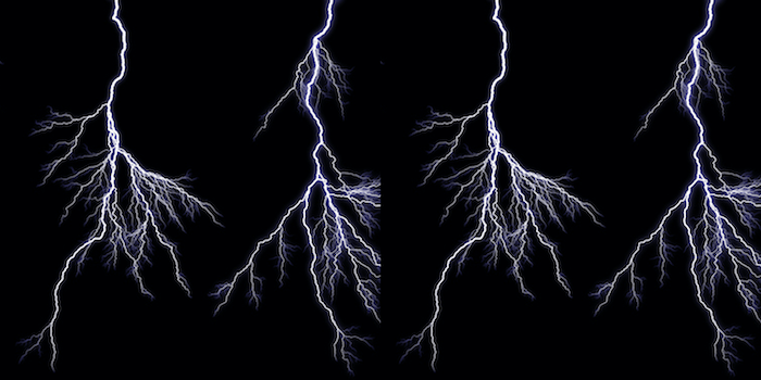 Two identical lightening images side by side for kaleidoscope effect in Photoshop