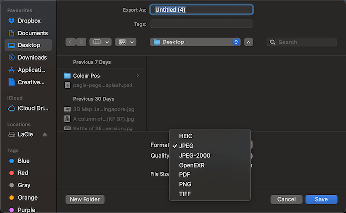 Screenshot of Apple Preview window to convert an NEF file