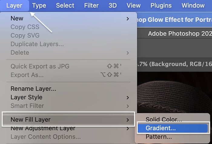 Screenshot of adding a gradient layer for a neon glow effect in Photoshop
