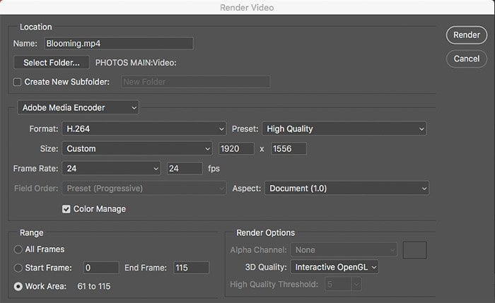 timelapse in photoshop: screenshot of a render video dialog box in photoshop