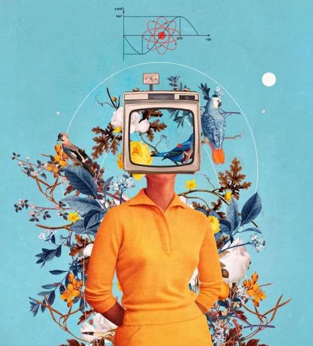 A woman with a TV for a head as a digital collage idea
