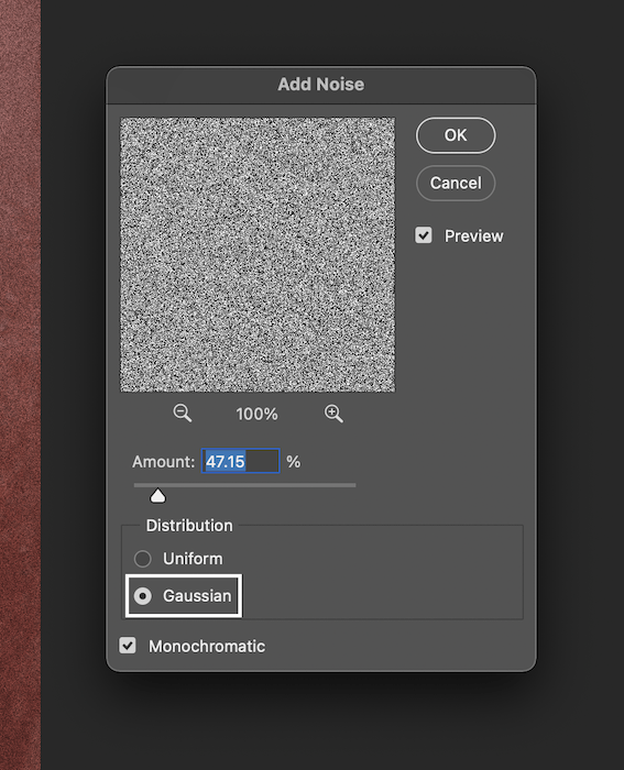 selecting gaussian blur to add grain to your image in photoshop