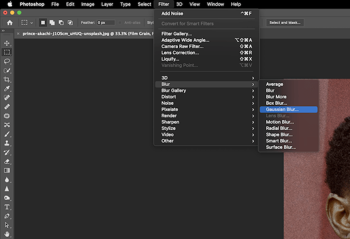 selecting gaussian blur to add blur to the image