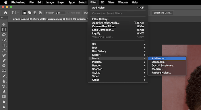 adding film grain in photoshop using the add noise filter in photoshop