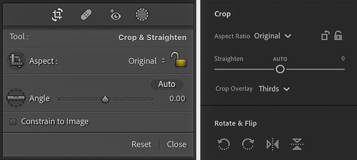 Screenshots comparing Lightroom Classic Crop & Rotate panel with Lightroom CC crop panel