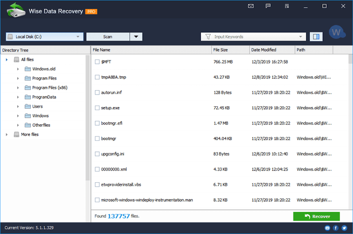 Screenshot of Wise Data Recovery software interface