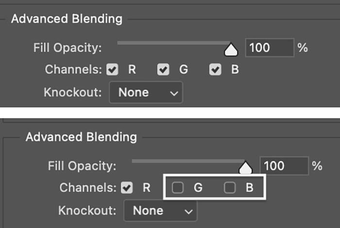 photoshop screenshot uncheck green and blue color channels