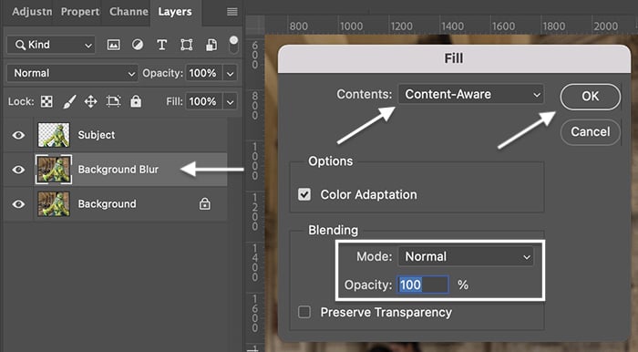 Photoshop screenshot of Layer panel and Content-Aware Fill panel