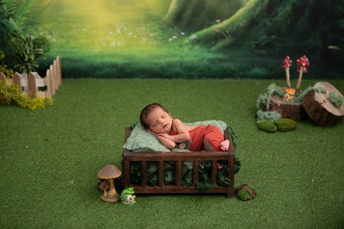 Newborn baby in miniature woodland scene as an example of newborn photo ideas