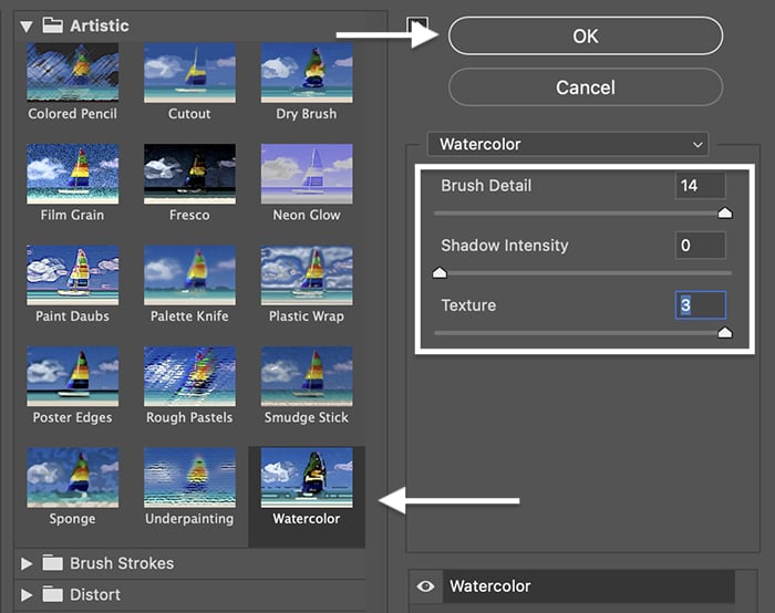 Screenshot of filter gallery with painting effect in Photoshop