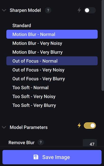 model options on topaz sharpen AI